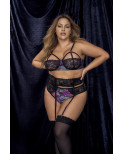 Deux-en-un, nuisette et ensemble trois pièces noir, grande taille, tissu fleur exotique - MAL7496XBLK