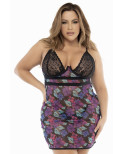 Nuisette résille et dentelle Noire, grande taille, imprimé fleur exotique - MAL7497XPRT