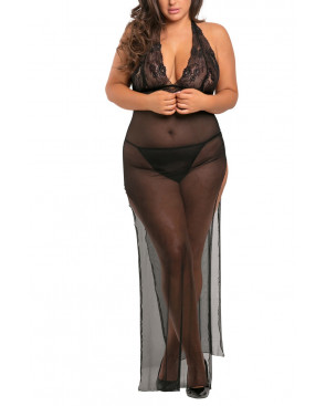 Nuisette longue grande taille fendue transparente - REN51004X-BLK