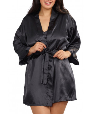 Nuisette grande taille noire avec peignoir satinés - DG3717XBLK