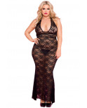 Nuisette grande taille longue noire décolletée dentelle florale - ML53012XBLK