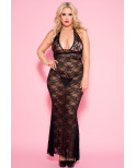 Nuisette grande taille longue noire décolletée dentelle florale - ML53012XBLK