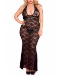 Nuisette grande taille longue noire décolletée dentelle florale - ML53012XBLK