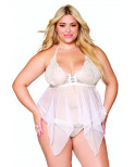 Babydoll et string grande taille en résille et dentelle blanche - DG13314WHT