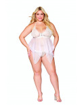 Babydoll et string grande taille en résille et dentelle blanche - DG13314WHT