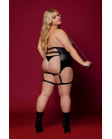 Body BDSM noir, grande taille, en maille avec corset / porte-jarretelles, simili cuir, intégré - DG13295XBLK