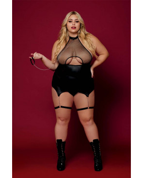Body BDSM noir, grande taille, en maille avec corset / porte-jarretelles, simili cuir, intégré - DG13295XBLK