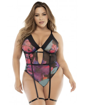 Body noir, grande taille, imprimé fleurs exotiques - MAL8774XPRT