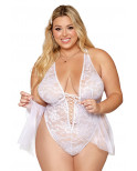 Body grande taille dentelle blanc avec tulle amovible - DG12918XWHT