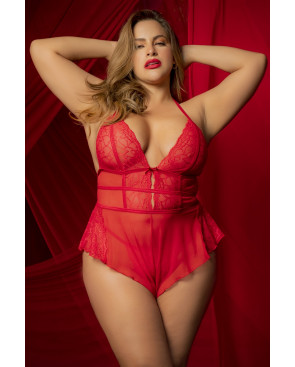 Body rouge grande taille effet babydoll et string assorti - MAL7445XRED