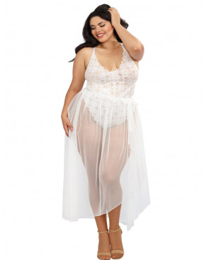 Body string grande taille blanc échancré dentelle avec jupe de maille transparente amovible - DG10996XWHT