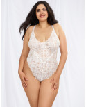 Body string grande taille blanc échancré dentelle avec jupe de maille transparente amovible - DG10996XWHT
