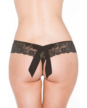 Tanga string noir en dentelle avec noeud arrière - SOH31035BLK