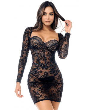 Robe en dentelle transparente à manches longues avec string - MAL40022BLK
