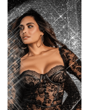 Robe en dentelle transparente à manches longues avec string - MAL40022BLK