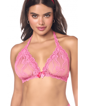 Ensemble sexy 2 pièces rose en dentelle délicate avec haut et string assorti - MAL8971PINK