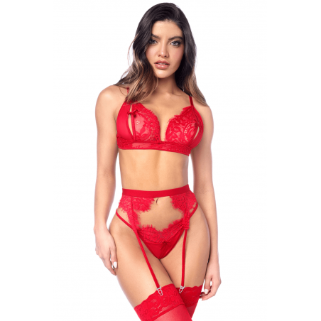 Ensemble sexy 3 pièces peek-a-boo en dentelle avec string et porte-jarretelles - MAL8970RED