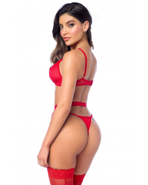 Ensemble sexy 3 pièces peek-a-boo en dentelle avec string et porte-jarretelles - MAL8970RED