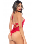 Body sexy en dentelle à col licou avec détails lacés - MAL8969RED