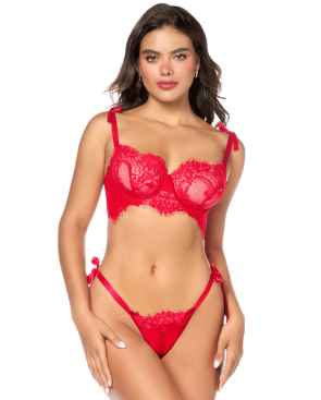 Ensemble sexy 2 pièces en dentelle avec liens à nouer et string - MAL8968RED