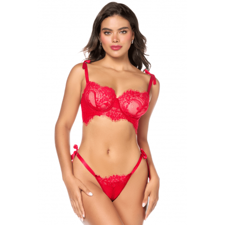 Ensemble sexy 2 pièces en dentelle avec liens à nouer et string - MAL8968RED