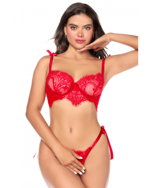 Ensemble sexy 2 pièces en dentelle avec liens à nouer et string - MAL8968RED