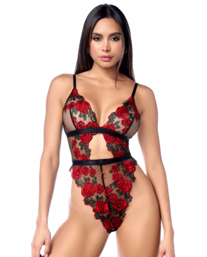 Teddy taille haute en résille noire brodée de roses avec ceinture - MAL8961BKRD