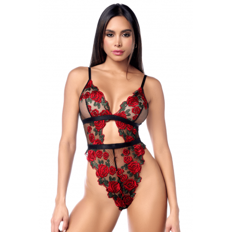 Teddy taille haute en résille noire brodée de roses avec ceinture - MAL8961BKRD