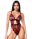 Teddy taille haute en résille noire brodée de roses avec ceinture - MAL8961BKRD