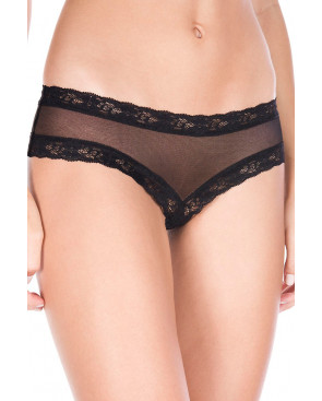 Tanga string ouvert noir maille transparente et dentelle - ML10007BLK