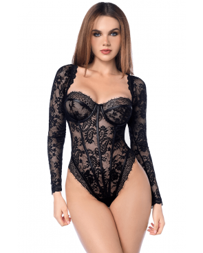 Body sexy manches longues en dentelle gothique et détails effet cuir - MAL8957BLK