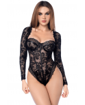 Body sexy manches longues en dentelle gothique et détails effet cuir - MAL8957BLK