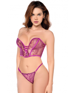 Ensemble sexy 2 pièces bustier  string en dentelle satinée - MAL8948PKAG