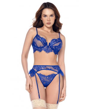 Ensemble sexy 3 pièces bleu intense avec dentelle effet cils - MAL8941BLUE