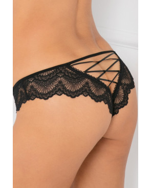 Tanga noir dentelle ajouré sur les fesses ornements croisés - REN1145-BLK