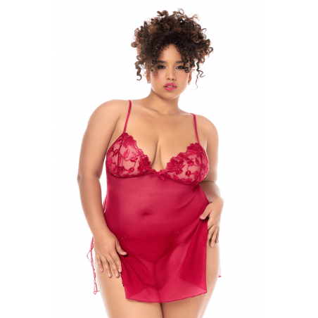 Babydoll grande taille Mapalé brodée avec string - MAL7620XRED