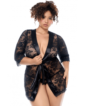 Peignoir en dentelle grande taille Mapalé avec string assorti - MAL7618XBLK