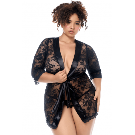 Peignoir en dentelle grande taille Mapalé avec string assorti - MAL7618XBLK