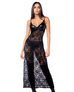 Robe longue sexy en dentelle  cuir avec string et porte-jarretelles - MAL7616BLK