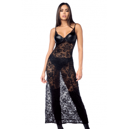 Robe longue sexy en dentelle  cuir avec string et porte-jarretelles - MAL7616BLK