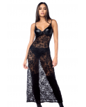 Robe longue sexy en dentelle  cuir avec string et porte-jarretelles - MAL7616BLK