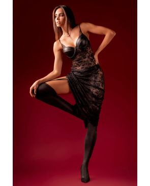 Robe longue sexy en dentelle  cuir avec string et porte-jarretelles - MAL7616BLK