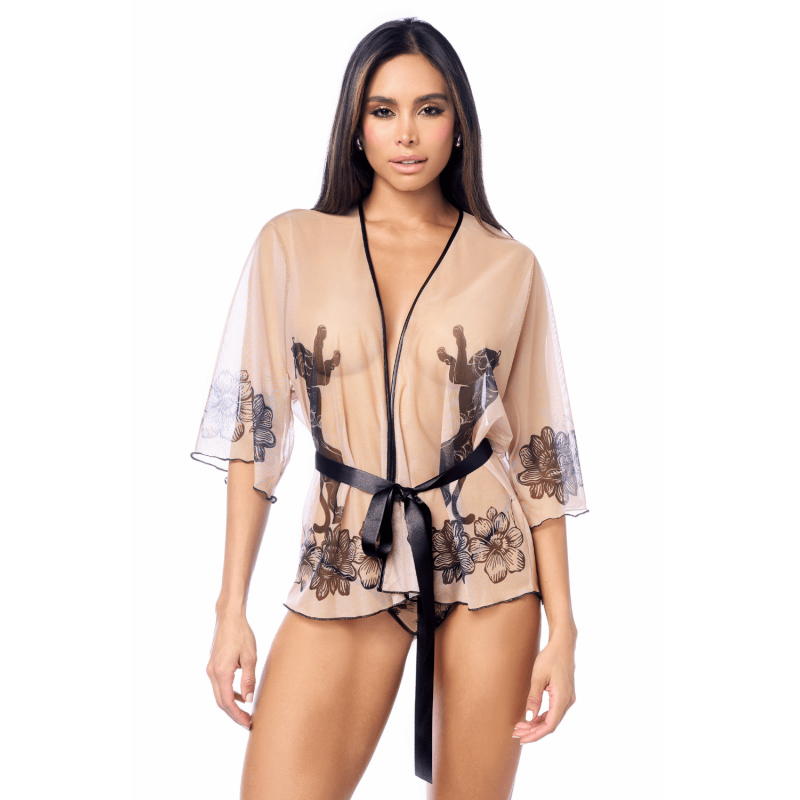 Peignoir sexy en résille imprimée transparente avec string - MAL7615NUBK Peignoir sexy en résille imprimée transparente avec string - MAL7615NUBK