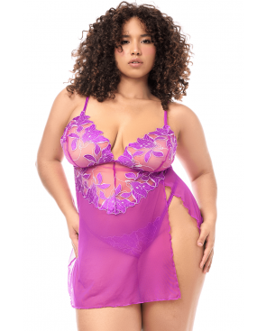 Babydoll grande taille en résille brodée florale et string - MAL7614XAZAL