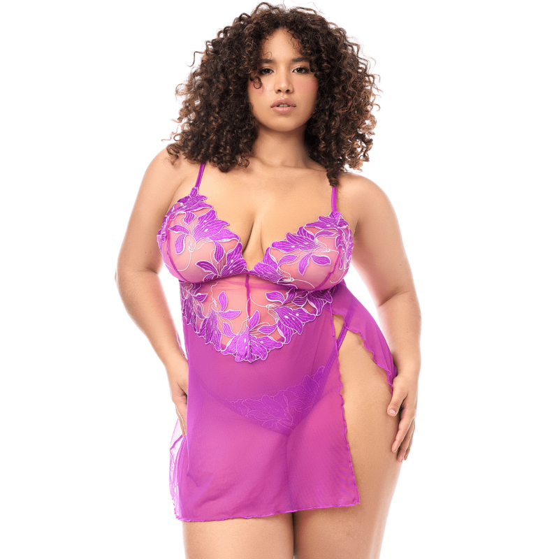 Babydoll grande taille en résille brodée florale et string - MAL7614XAZAL Babydoll grande taille en résille brodée florale et string - MAL7614XAZAL