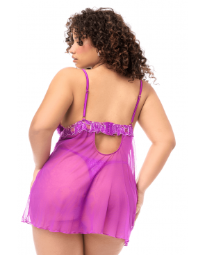 Babydoll grande taille en résille brodée florale et string - MAL7614XAZAL