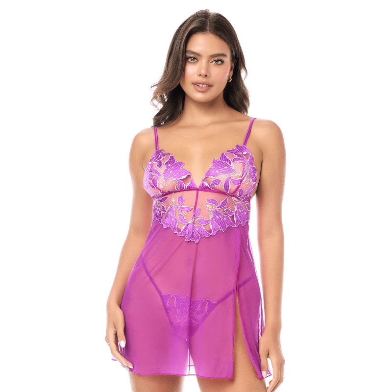 Babydoll sexy en résille brodée florale et string - MAL7614AZAL Babydoll sexy en résille brodée florale et string - MAL7614AZAL