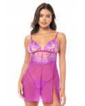 Babydoll sexy en résille brodée florale et string - MAL7614AZAL Babydoll sexy en résille brodée florale et string - MAL7614AZAL