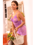 Babydoll dentelle extensible violette et string - MAL7613WORC