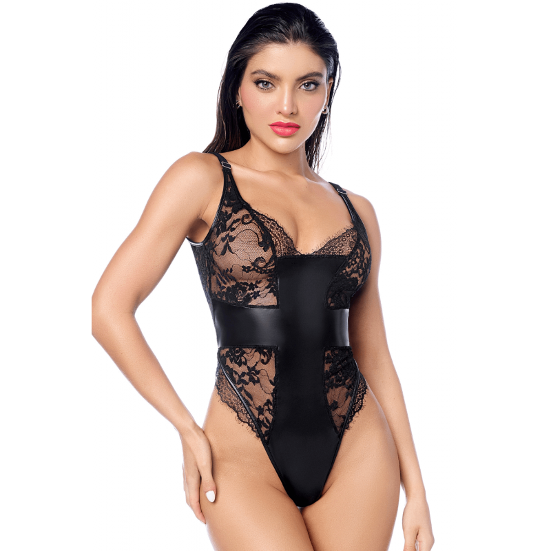 Body sexy noir dentelle  similicuir - MAL2805BLK